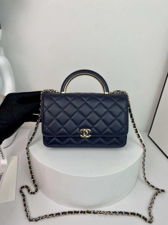 Chanel AP2844 Wallet on chain Lambskin bag with top handle Light gold Navy Blue