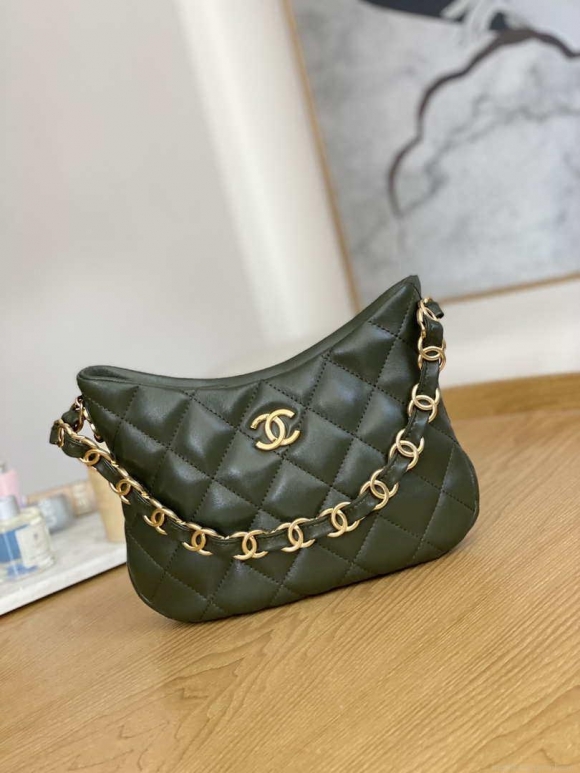 Chanel AS3562 Hobo Handbag Lambskin Dark Green