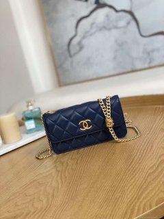 Chanel AP3047 FLAP Phone Holder With Chain Blue Lambskin & Gold-Tone Metal