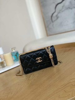 Chanel AP3047 FLAP Phone Holder With Chain Black Lambskin