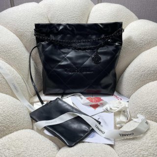 Chanel 22 Small Handbag Shiny Calfskin AS3260 Black with Black logo