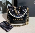 Chanel 22 Mini Handbag Shiny Calfskin AS3260 Pearl Chain Black with Gold