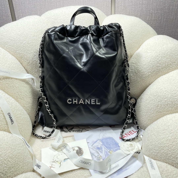 Chanel 22 Backpack Shiny Calfskin AS3313 Black With Sliver Logo