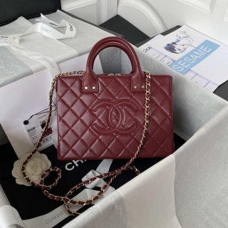 Chanel AS3345 Vanity Case Calfskin & Gold-Tone Metal Wine Red