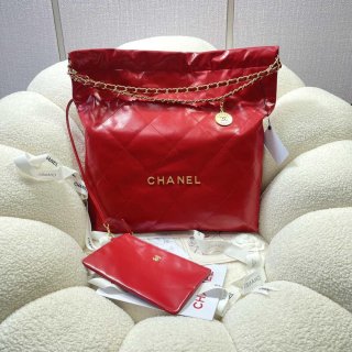 Chanel 22 Large Handbag Shiny Calfskin AS3262 Red