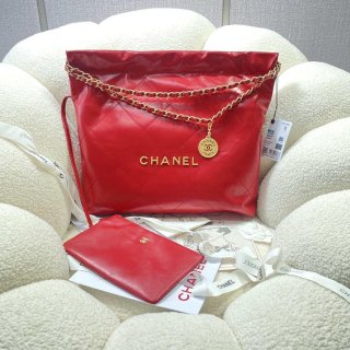 Chanel 22 Handbag Shiny Calfskin AS3261 Red