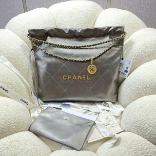 Chanel 22 Handbag Shiny Calfskin AS3261 Gray Silver