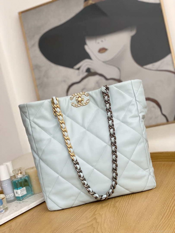 Chanel AS3519 CHANEL19 Shopping Bag Shiny Lambskin Light Blue