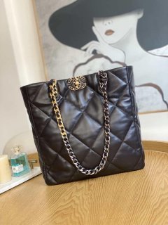 Chanel AS3519 CHANEL19 Shopping Bag Shiny Lambskin Dark Brown