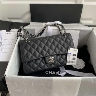 Chanel Flap Classic bag Grained shiny Calfskin Black A01112 Silver seamless edge