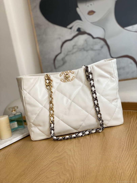 Chanel 19 Shopping Bag Shiny Lambskin AS3660 Gold-Tone Silver-Tone & Ruthenium-Finish Metal White