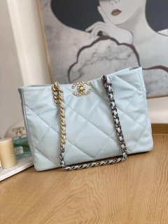 Chanel 19 Shopping Bag Shiny Lambskin AS3660 Gold-Tone Silver-Tone & Ruthenium-Finish Metal Light Blue