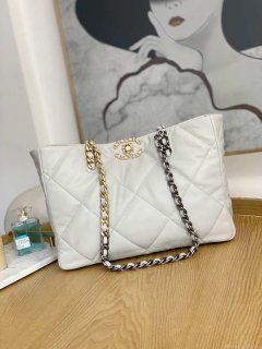 Chanel 19 Shopping Bag Shiny Lambskin AS3660 Gold-Tone Silver-Tone & Ruthenium-Finish Metal Light Gray