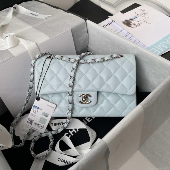 Chanel A01113 Flap Handbag Classic Bag Lambskin Light Blue Silver