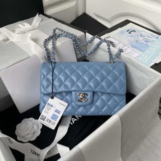 Chanel A01113 Flap Handbag Classic Bag Lambskin Sky Blue Silver