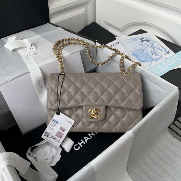 Chanel A01113 Flap Handbag Classic Bag Lambskin Light Gray Gold