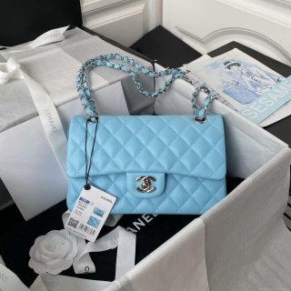 Chanel A01113 Flap Handbag Classic Bag Lake Blue Lambskin Silver