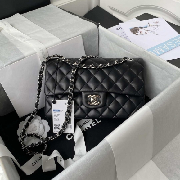 Chanel A01113 Flap Handbag Classic Bag Black Lambskin Silver