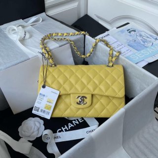 Chanel A01113 Flap Handbag Classic Bag Grained shiny Calfskin Yellow Silver