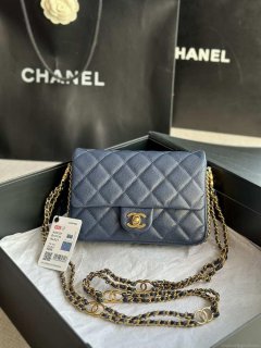 Chanel AS3757 Mini Flap Bag Grained Calfskin & Gold-Tone Metal Navy Blue