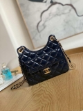 Chanel AS3710 Small Hobo Handbag Shiny Crumpled Calfskin & Gold-Tone Metal Navy blue