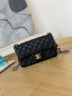 Chanel A01113 Flap Handbag Classic Bag Black Lambskin Gold With Ball