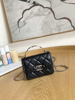 Chanel A81197 Mini Flap Calfskin Enamel & Silver-Tone Metal Black