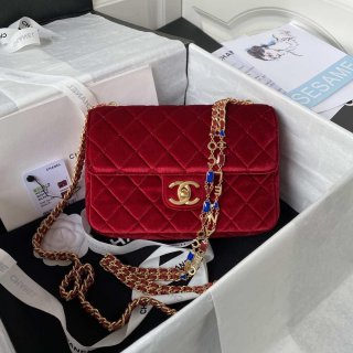 Chanel AS3432 Small Flap Bag Velvet Enamel & Gold-Tone Metal Wine Red