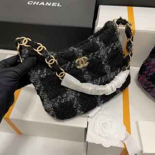 Chanel AS3562 Hobo Handbag Wool Tweed Black