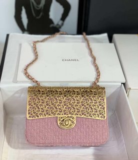 Chanel AS3526 Mini Evening Bag Wool Tweed & Gold-Tone Metal Light Pink