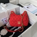 Chanel AS3710 Small Hobo Handbag Velvet & Gold-Tone Metal Red