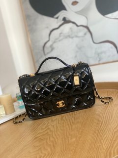 Chanel AS3653 Small Flap Bag with Top Handle Patent Calfskin & Gold-Tone Metal Black