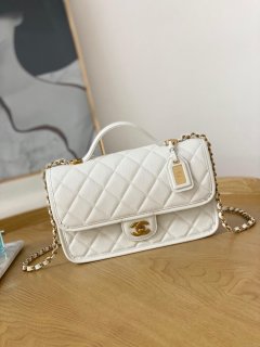 Chanel AS3653 Small Flap Bag with Top Handle Calfskin & Gold-Tone Metal White