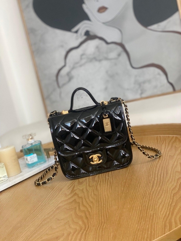 Chanel AS3652 Small Flap Bag with Top Handle Patent Calfskin & Gold-Tone Metal Black