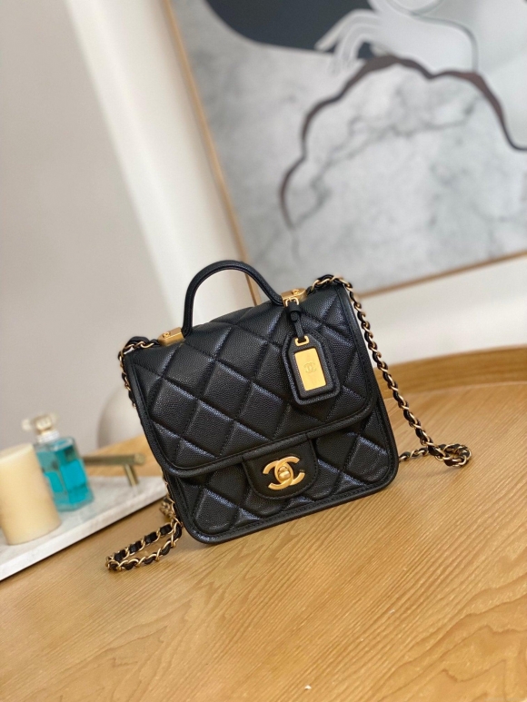 Chanel AS3652 Small Flap Bag with Top Handle Calfskin & Gold-Tone Metal Black