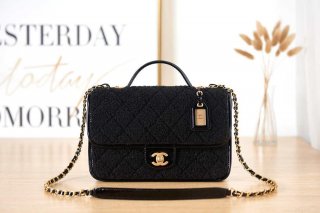 Chanel AS3653 Small Flap Bag with Top Handle Wool Tweed & Gold-Tone Metal Black