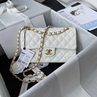 Chanel A01113 Flap Handbag Classic Bag Grained shiny Calfskin White Gold