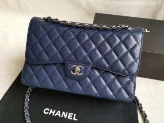 Chanel A58600 Large Classic Handbag Grained shiny Calfskin Navy Blue Sliver