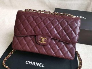 Chanel A58600 Large Classic Handbag Grained shiny Calfskin Wine Red Gold