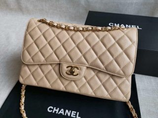 Chanel A58600 Large Classic Handbag Grained shiny Calfskin Apricot Gold