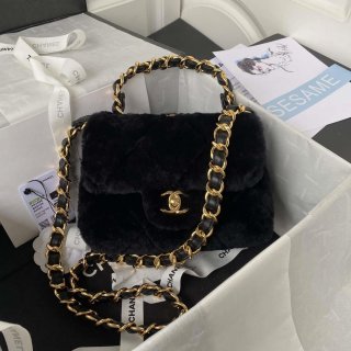 Chanel AS3498 Flap Bag Shearling Black