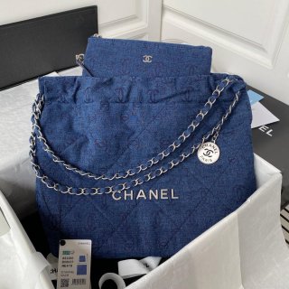 Chanel 22 Handbag Silver-Tone Metal Canvas AS3260 Blue denim