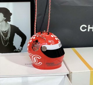 Chanel AS3774 Evening Helmet Minaudiere Resin Strass Red and White