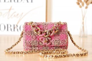 Chanel AS3611 Small Flap Bag Wool Tweed & Gold-Tone Metal Pink & Brown