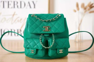 Chanel AS3860 Backpack Grained Shiny Calfskin & Gold-Tone Metal Green