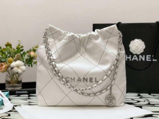 Chanel 22 Small Handbag Shiny Calfskin AS3260 White with Silver Logo