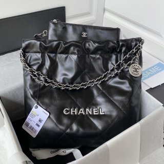 Chanel 22 Small Handbag Shiny Calfskin AS3260 Black with Silver Logo