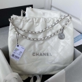 Chanel 22 Handbag Shiny Calfskin Gold AS3261 White with Silver Logo