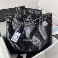 Chanel 22 Handbag Shiny Calfskin Gold AS3261 Black with Silver Logo