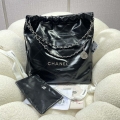 Chanel 22 Large Handbag Shiny Calfskin AS3262 Black with Silver Logo